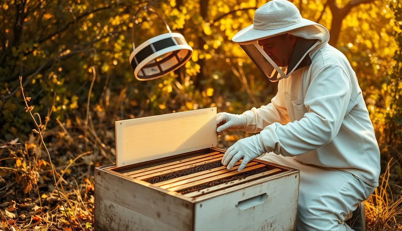 Beekeeper in protective suit applying formic acid strip across hive frame tops