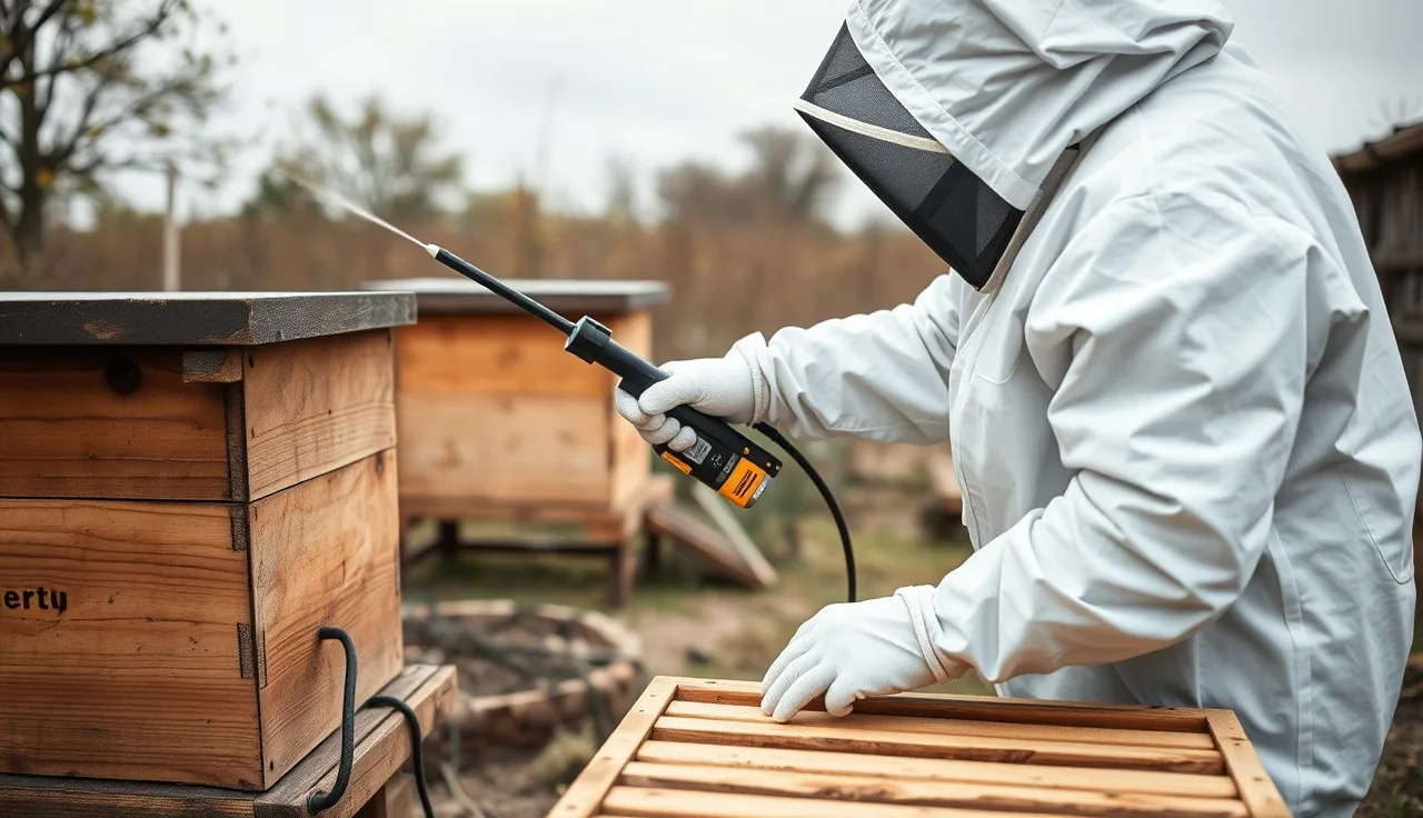 Beekeeper applying oxalic acid vaporizer to a Langstroth hive for varroa mite treatment