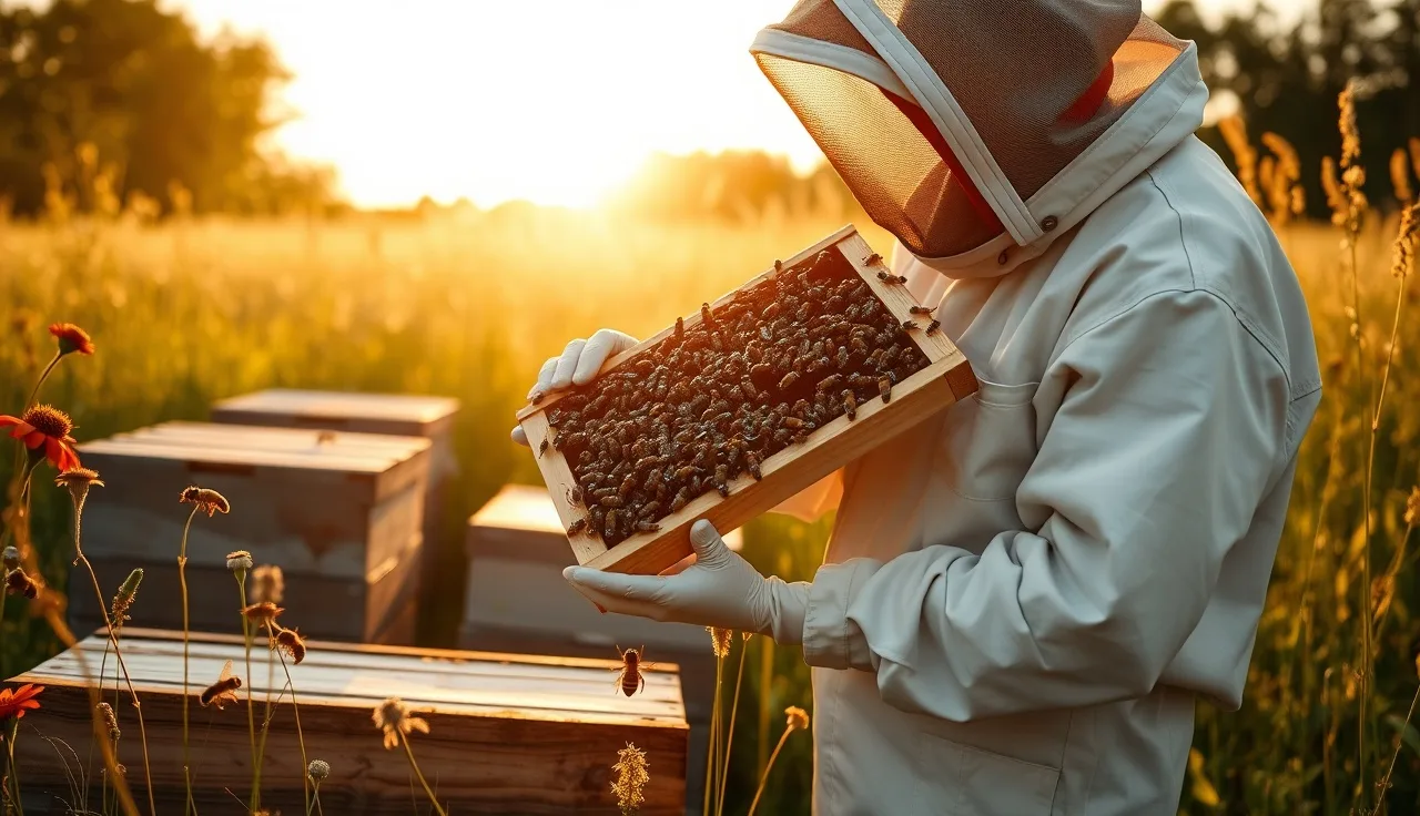 Beekeeper inspecting brood frame from a hive in a summer meadow