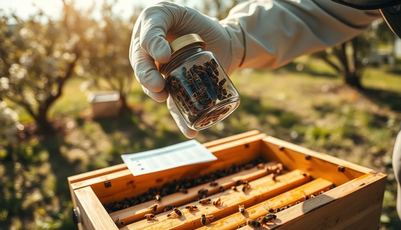 Beekeeper counting varroa mites in an alcohol wash jar over an open hive