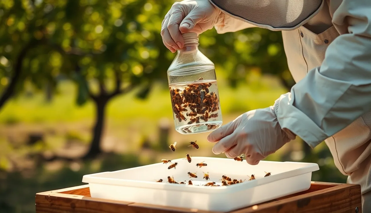 Beekeeper performing an alcohol wash mite count at a hive in an orchard