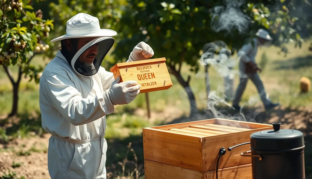 Beekeeper holding a queen cage over an open hive during a varroa treatment and requeening procedure