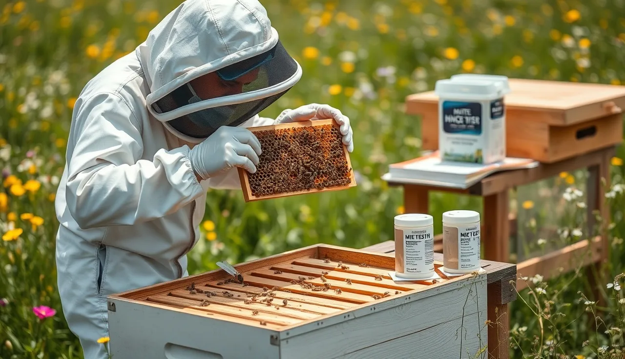 Beekeeper inspecting brood frame above open hive for varroa mite management