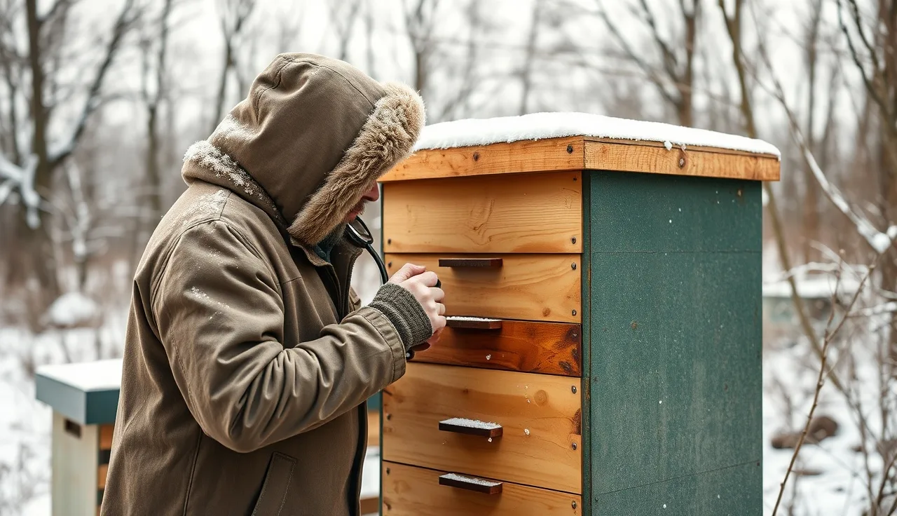 Beekeeper listening to a snow-dusted hive with a stethoscope in winter