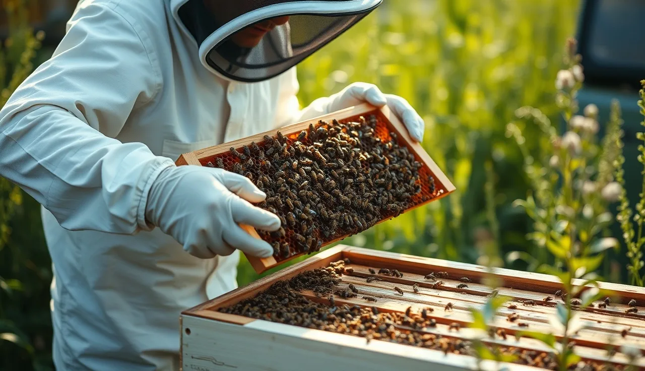 Beekeeper inspecting a frame of honeycomb while searching for the queen bee during a hive brood break