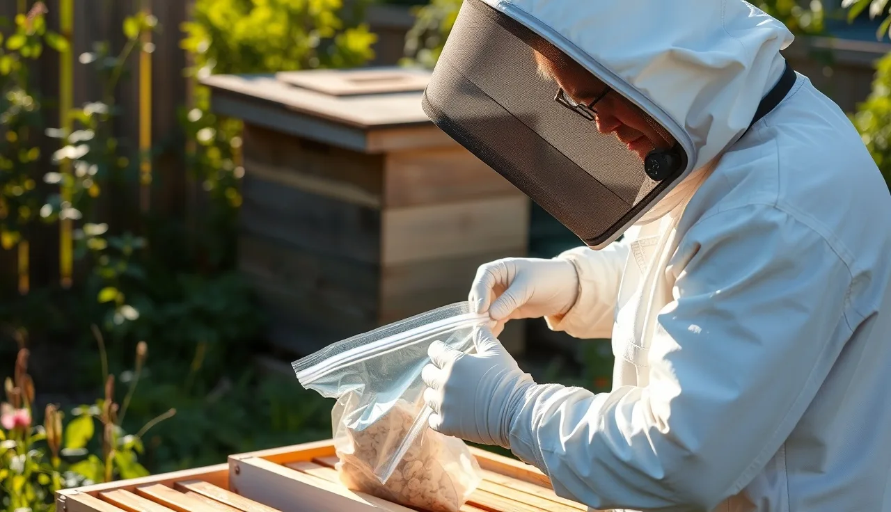 Beekeeper placing used Apivar strip into a sealed bag for disposal