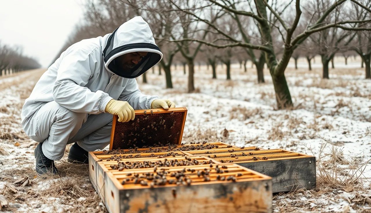 Beekeeper examining dead bees on comb frames after a winter colony deadout