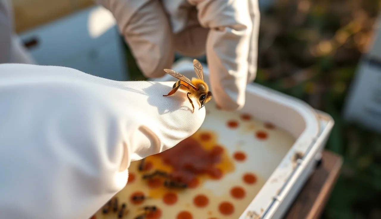 Beekeeper examining a honey bee over white tray to identify varroa mites