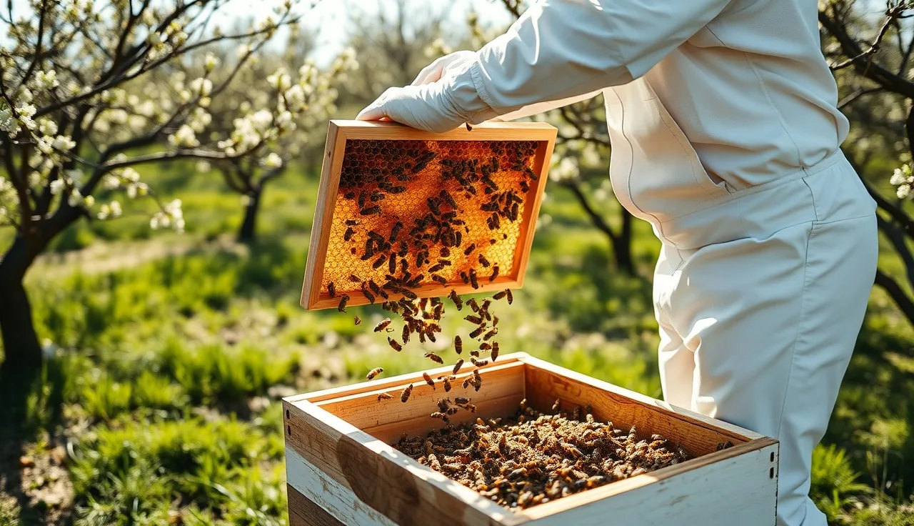 Beekeeper performing a shook swarm by shaking bees from a brood frame into a clean hive box