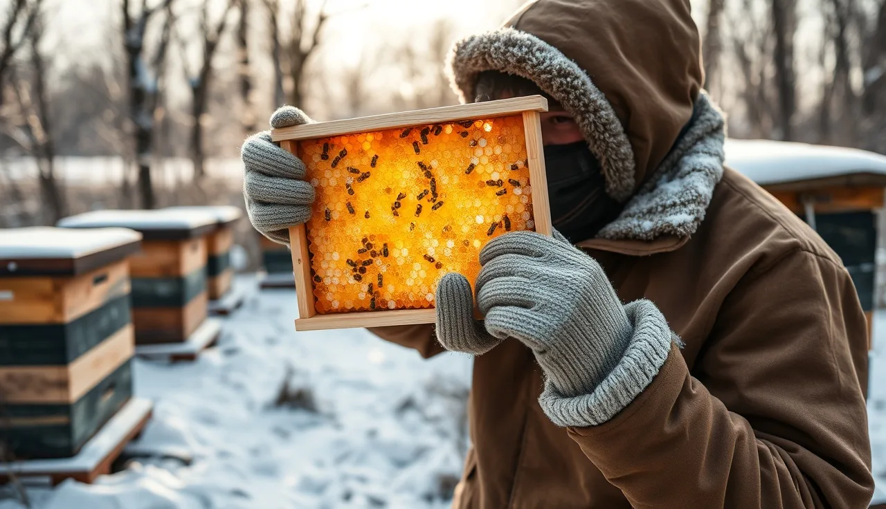 Beekeeper inspecting a winter honeycomb frame for brood during cold weather