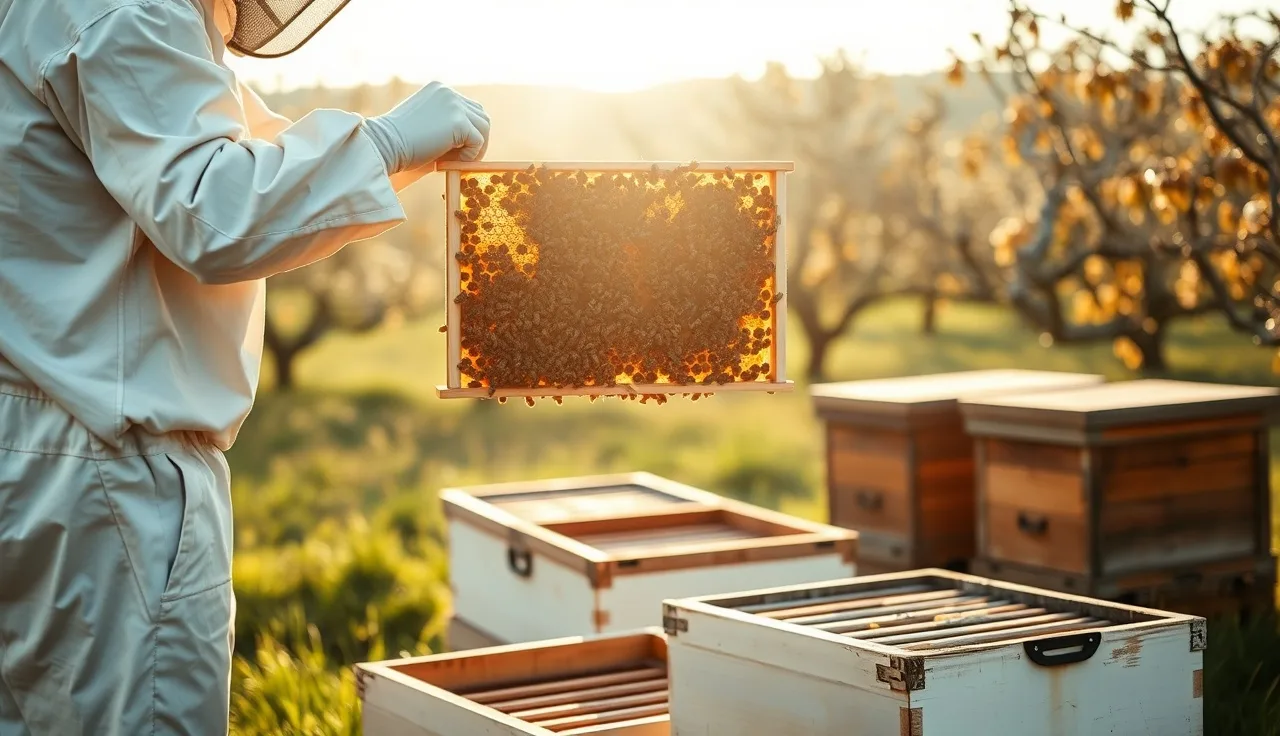 Beekeeper inspecting a brood frame for varroa mites in morning light