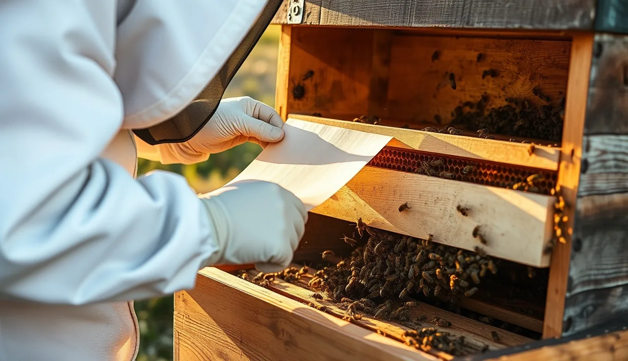 Beekeeper in gloves installing an Apivar strip between brood frames in a wooden hive