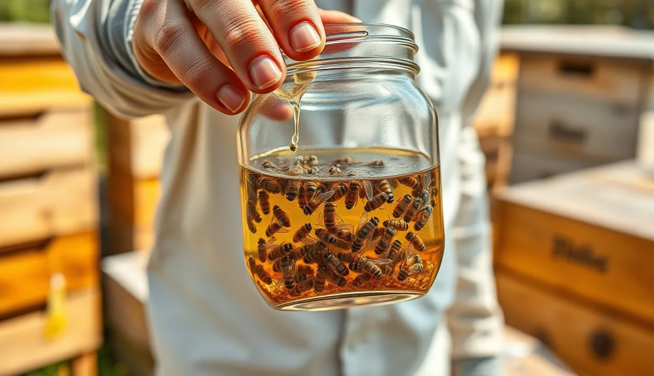 Beekeeper counting varroa mites in an alcohol wash jar at an outdoor apiary