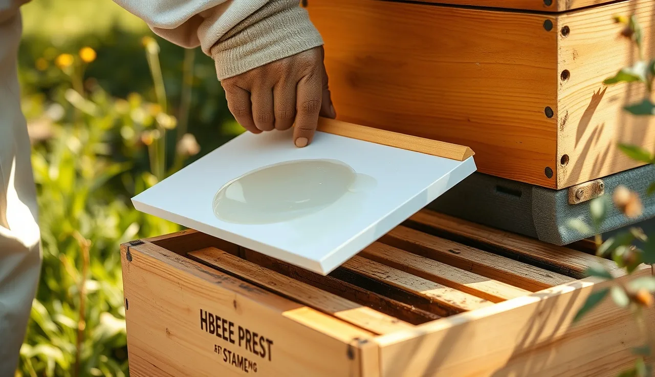Beekeeper sliding a petroleum-jelly-coated sticky board insert beneath a Langstroth hive
