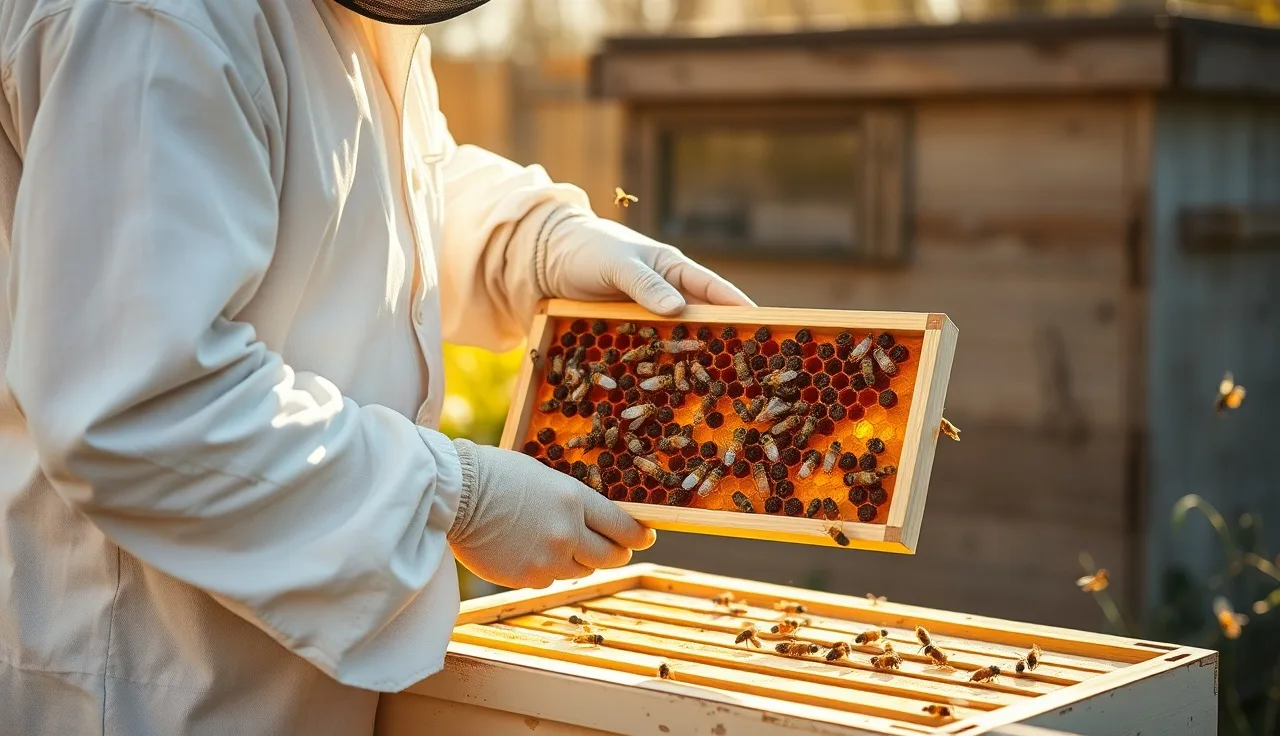 Beekeeper inspecting capped queen cells on a frame during varroa management