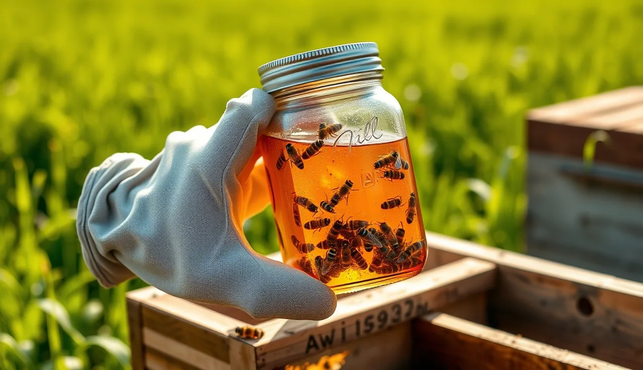 Gloved beekeeper hand holding a mason jar with alcohol wash and bees over a hive box