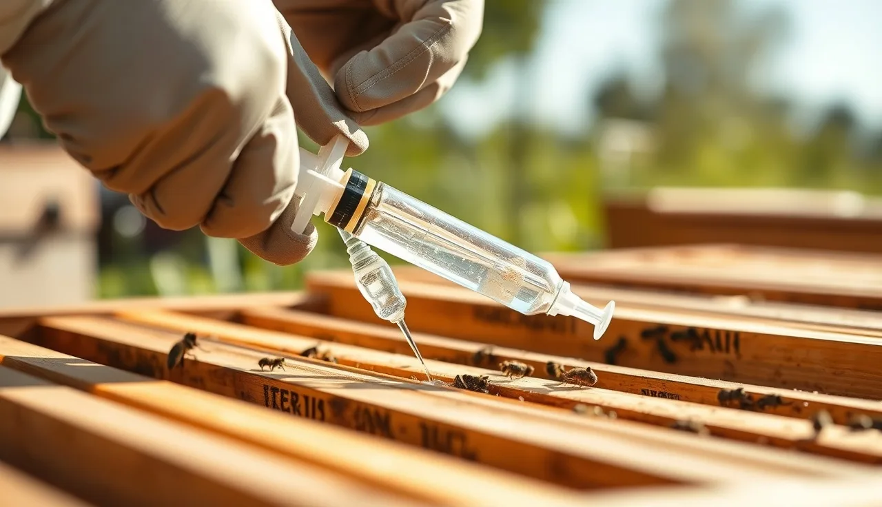 Beekeeper applying oxalic acid dribble treatment between frames with a syringe