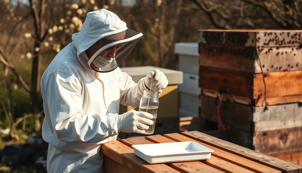 Beekeeper performing an alcohol wash varroa mite test beside a new hive