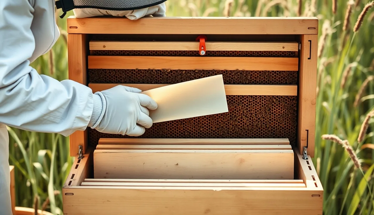 Beekeeper placing an Apivar strip between brood frames in an open Langstroth hive