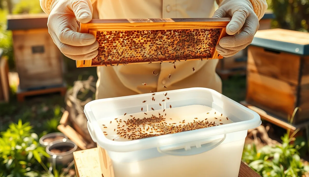 Beekeeper performing an alcohol wash mite count on a honey bee frame outdoors