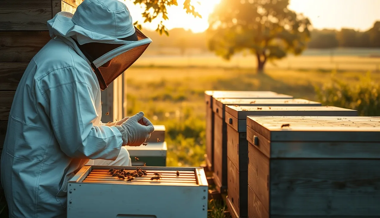 Beekeeper observing hive entrance during summer afternoon to monitor for robbing and varroa reinfestation