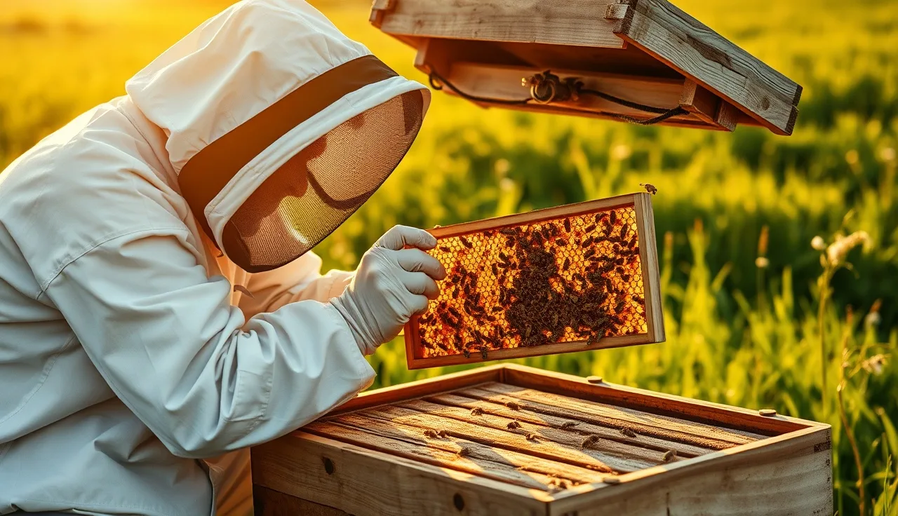 Beekeeper inspecting a brood frame for signs of disease and mite damage in afternoon light