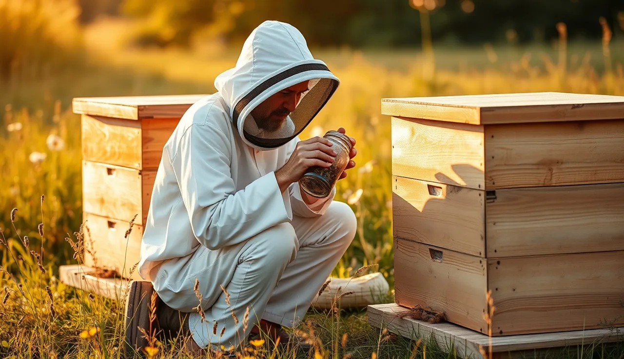 Beekeeper performing alcohol wash mite test beside two hives in a meadow