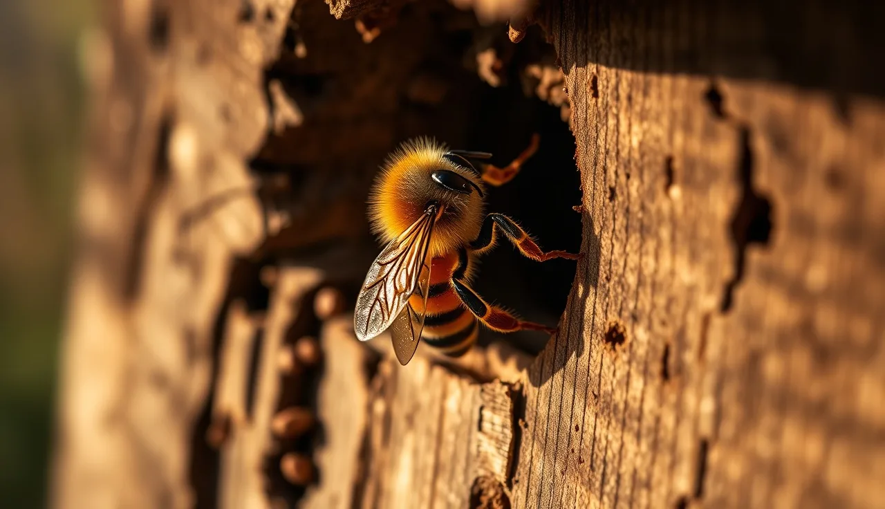 Honey bee with crumpled deformed wings crawling on hive entrance board