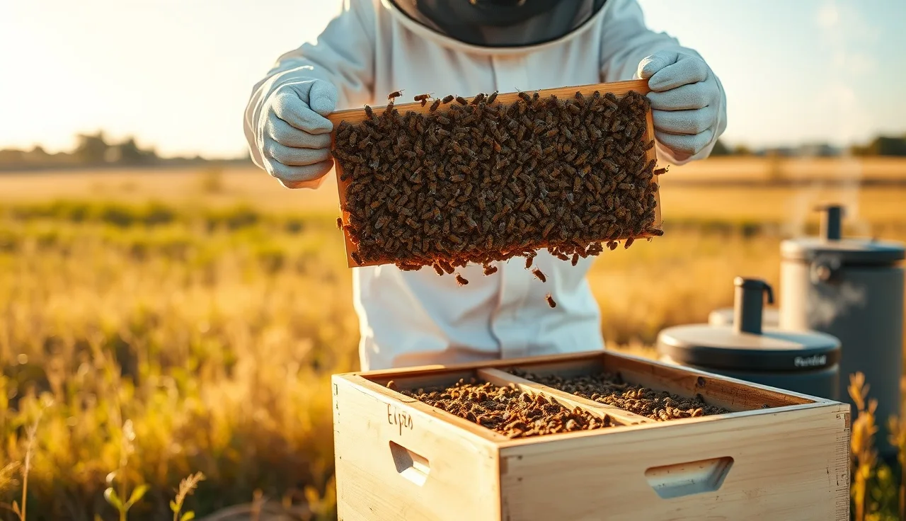 Beekeeper inspecting brood frame before applying fall varroa mite treatment