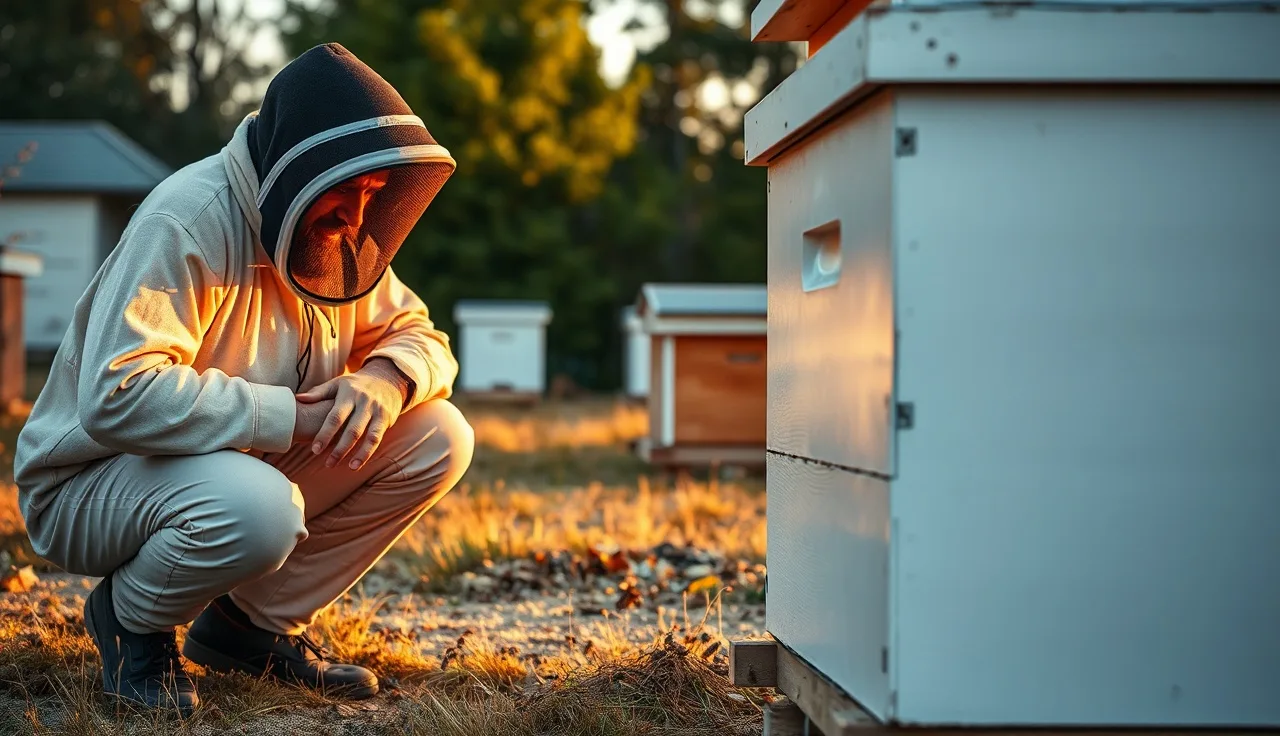 Beekeeper installing entrance reducer on a treated Langstroth hive at dusk