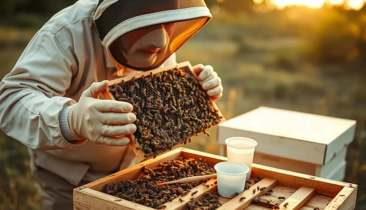 Beekeeper inspecting a varroa-infested colony frame with alcohol wash equipment nearby