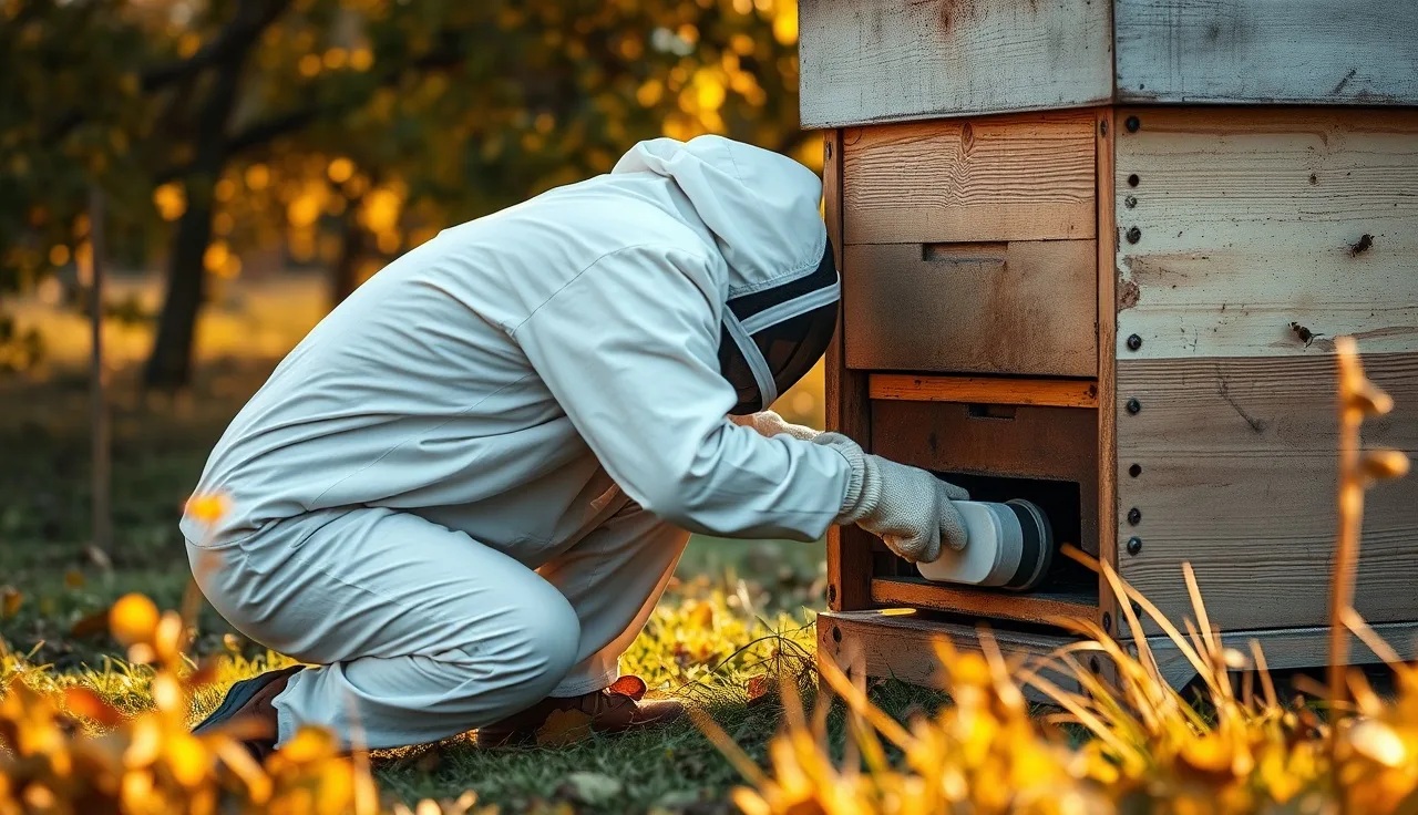 Beekeeper sealing hive entrance with foam plug before oxalic acid vaporization treatment
