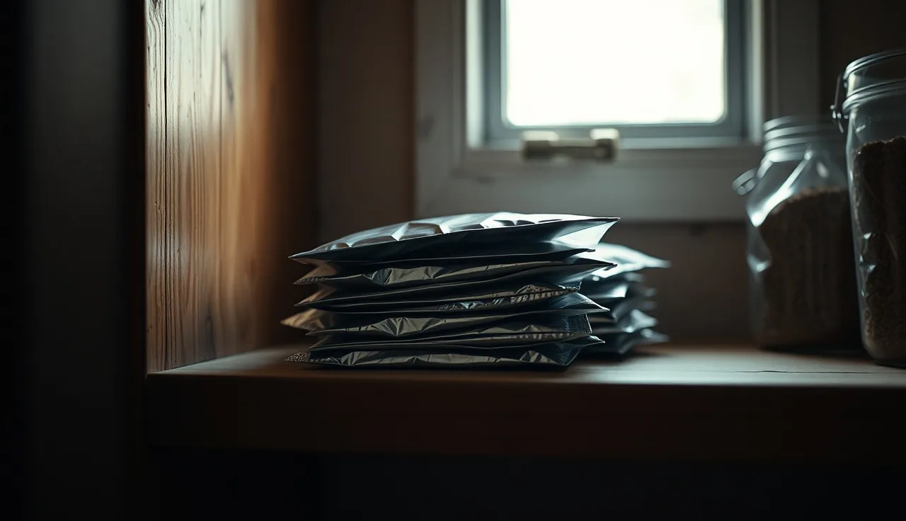 Sealed foil pouches of unused Apivar strips stored on an indoor wooden shelf