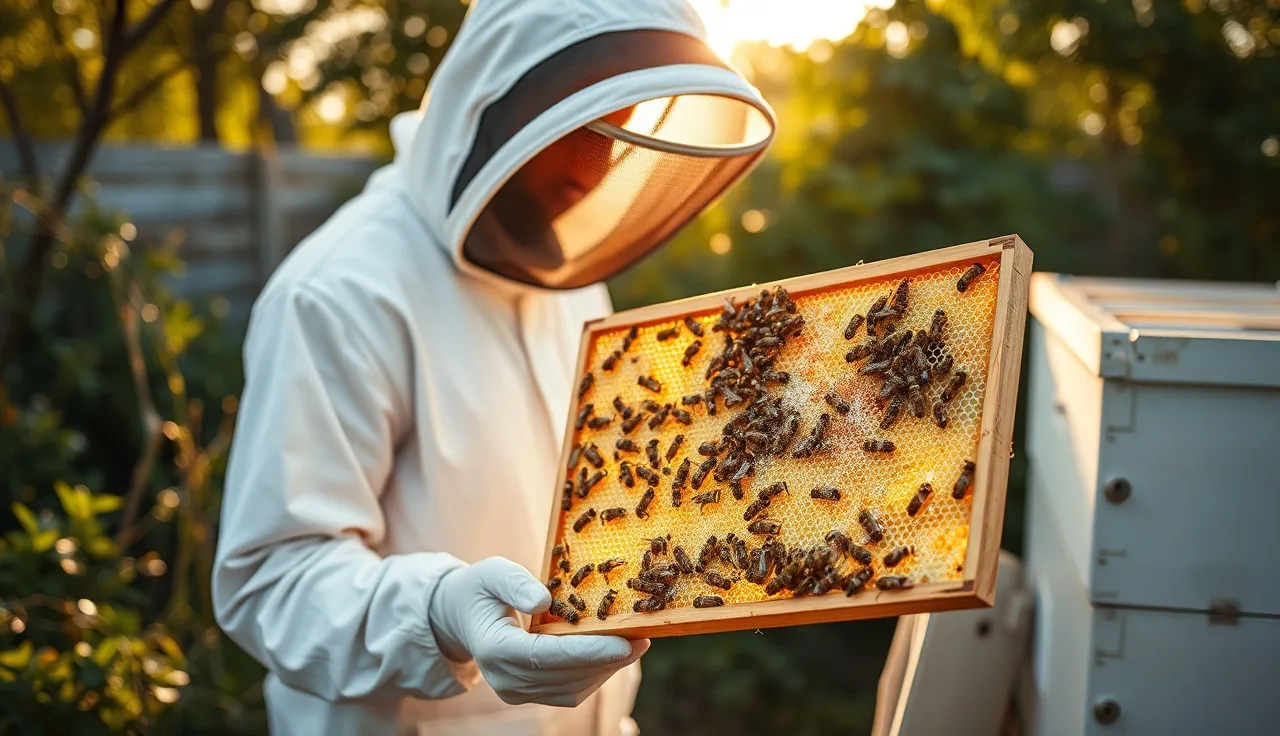 Beekeeper inspecting a sparse brood frame during varroa mite colony recovery