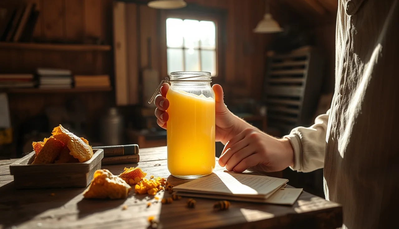 Beekeeper holding glass jar of beeswax samples for pesticide residue testing