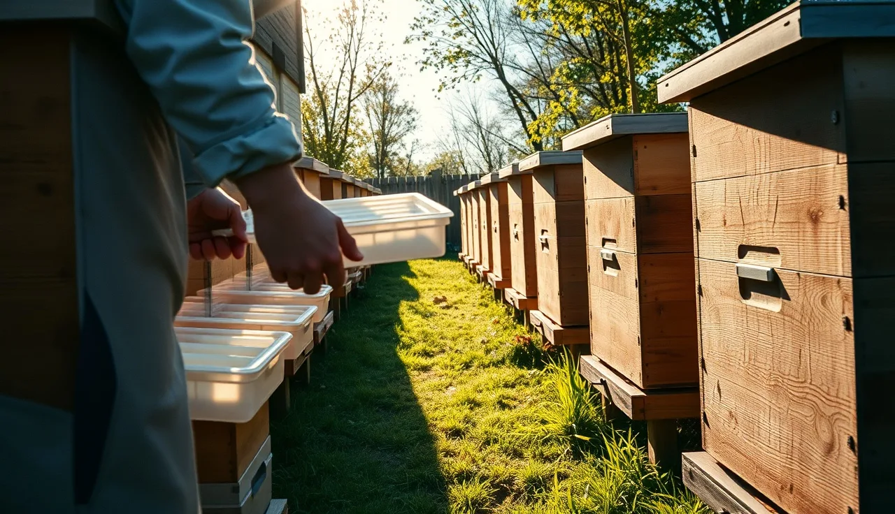 Beekeeper holding a mite counting tray in front of a row of hives