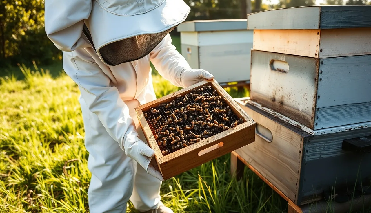 Beekeeper inspecting a nucleus hive frame for varroa mites before combining