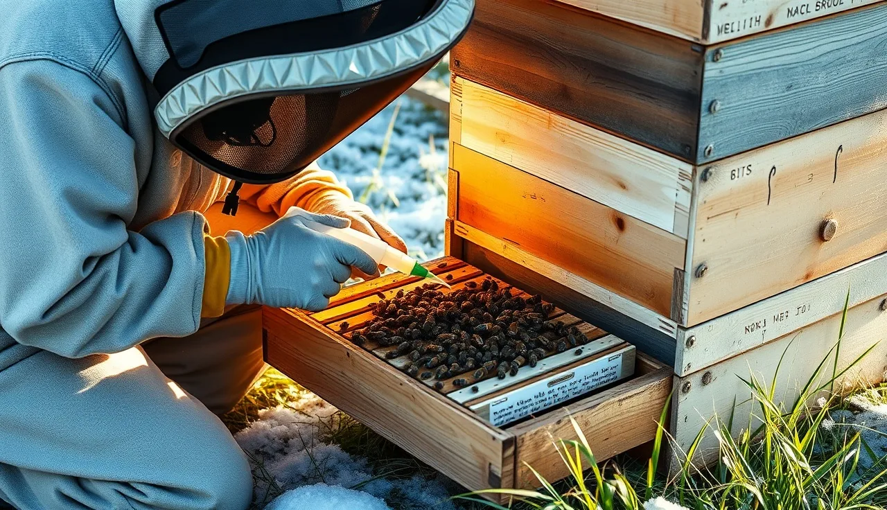 Beekeeper applying oxalic acid dribble treatment to a winter bee cluster between frames