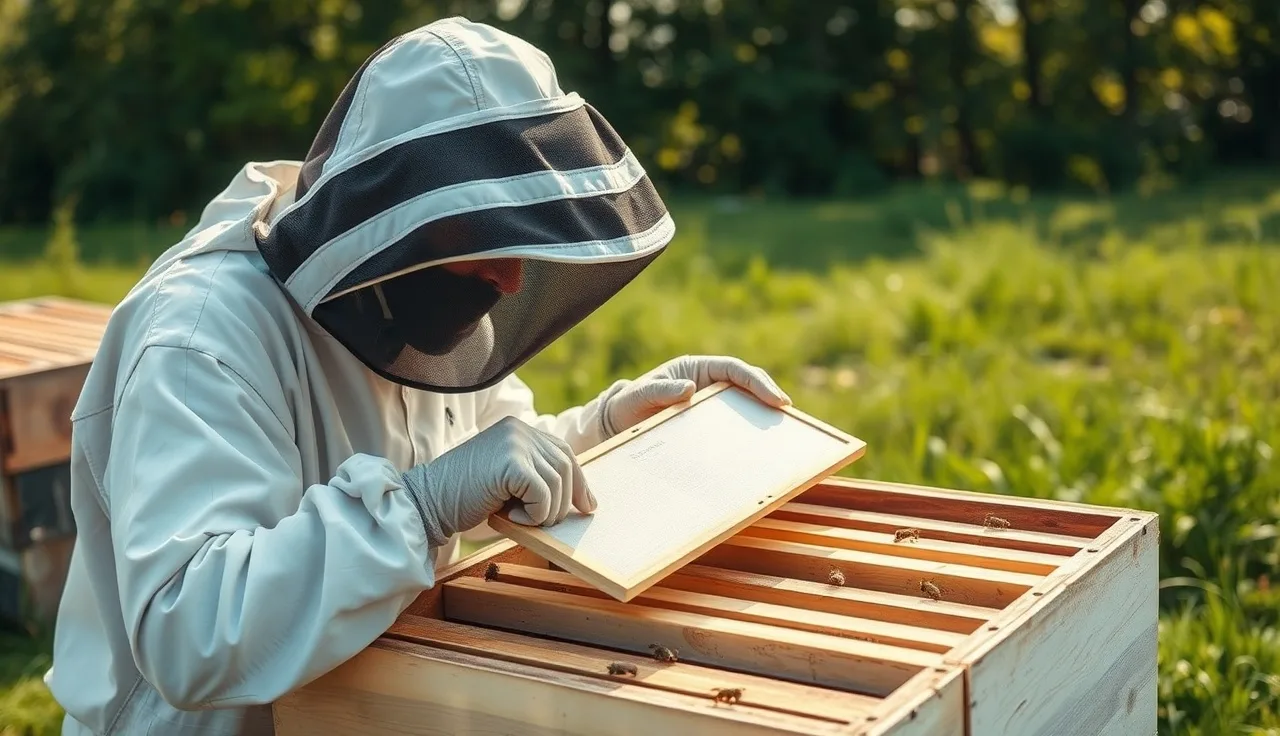 Beekeeper placing formic acid treatment pad on hive frame top bars