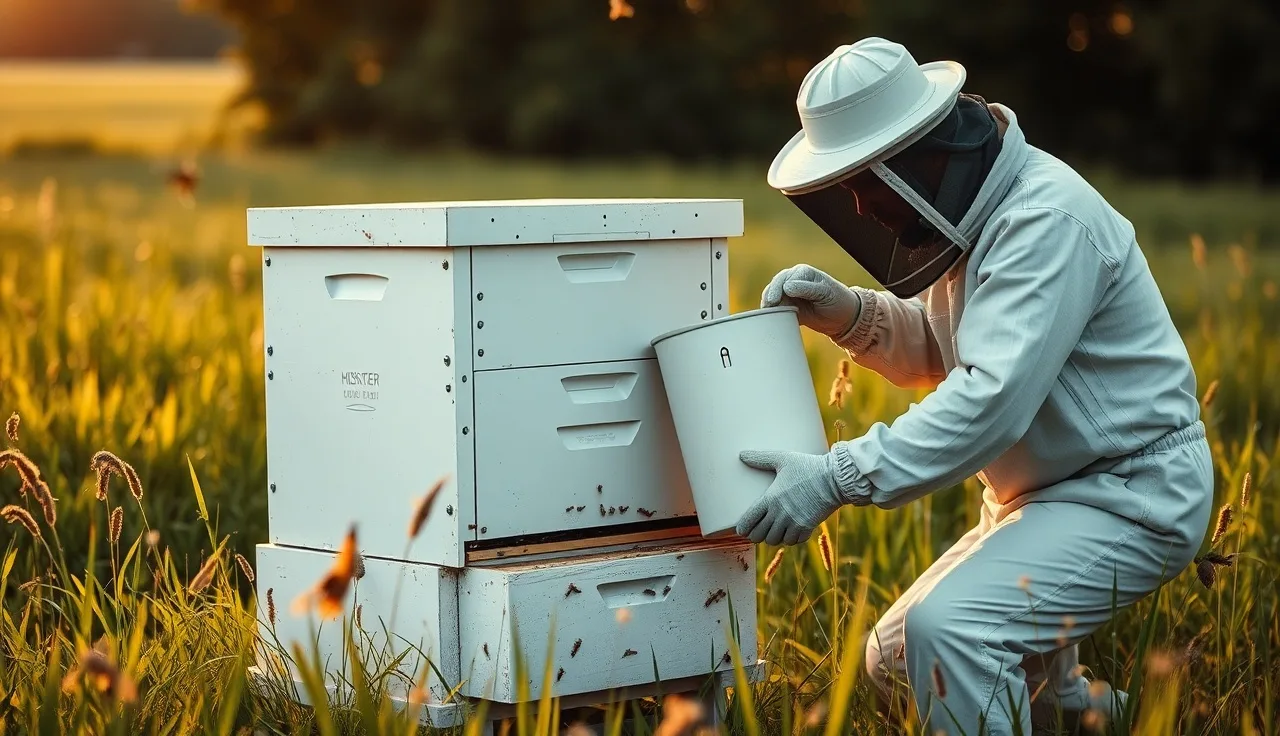 Beekeeper applying oxalic acid vaporizer to a hive with honey supers on