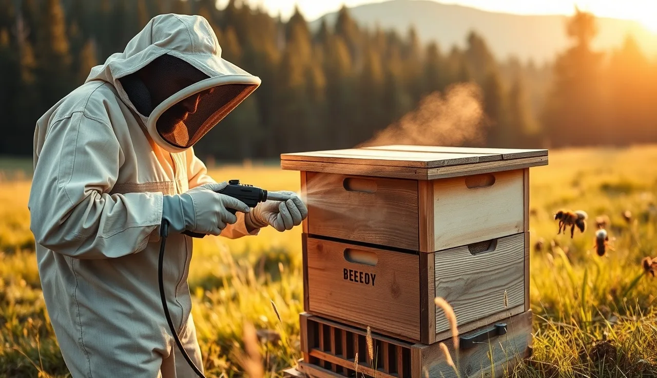 Beekeeper treating a remote hive for varroa with a battery vaporizer in a mountain meadow