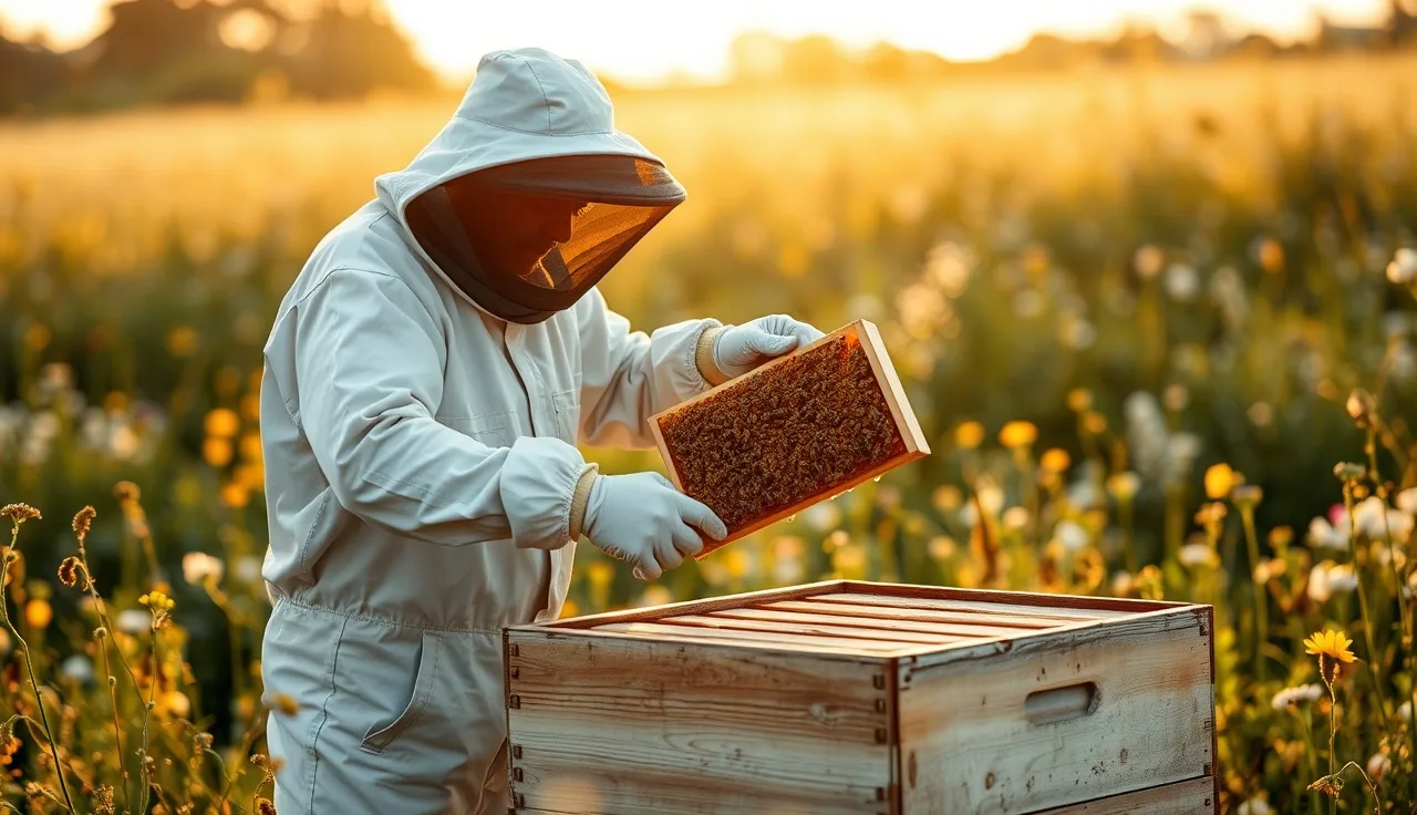 Beekeeper removing a honey super from a hive during active honey flow