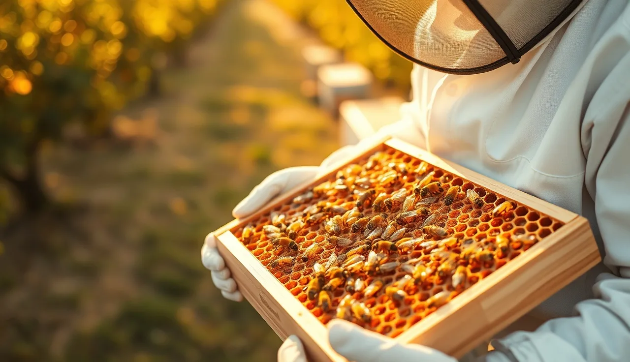 Beekeeper inspecting brood frame in outdoor apiary while treating for varroa mites