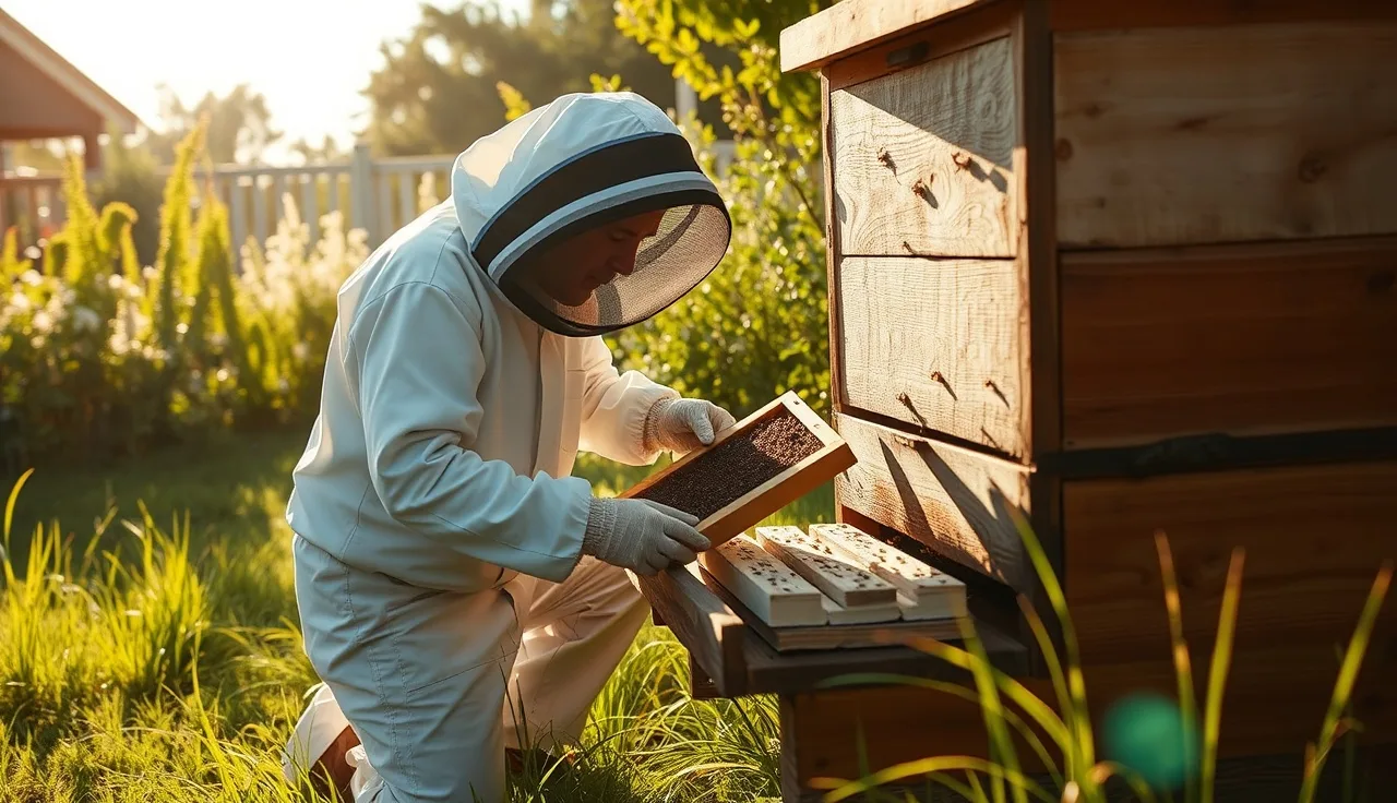 Beekeeper inspecting a brood frame from a hive showing varroa management work