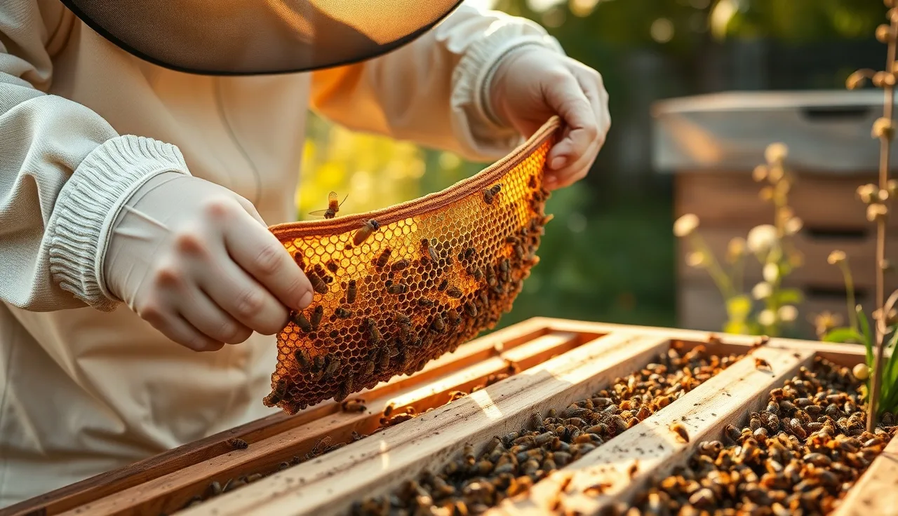 Beekeeper lifting natural comb from a top bar hive during a varroa inspection