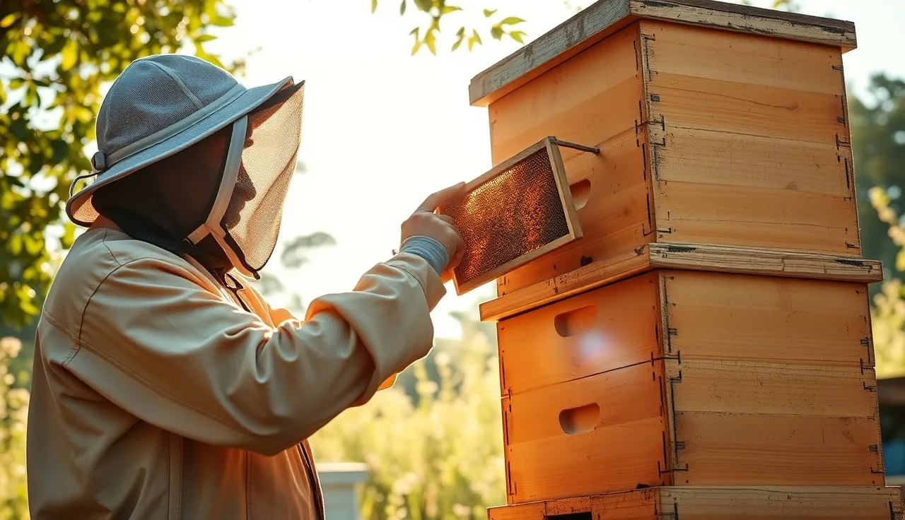 Beekeeper inspecting a frame from the upper chamber of a two-queen hive