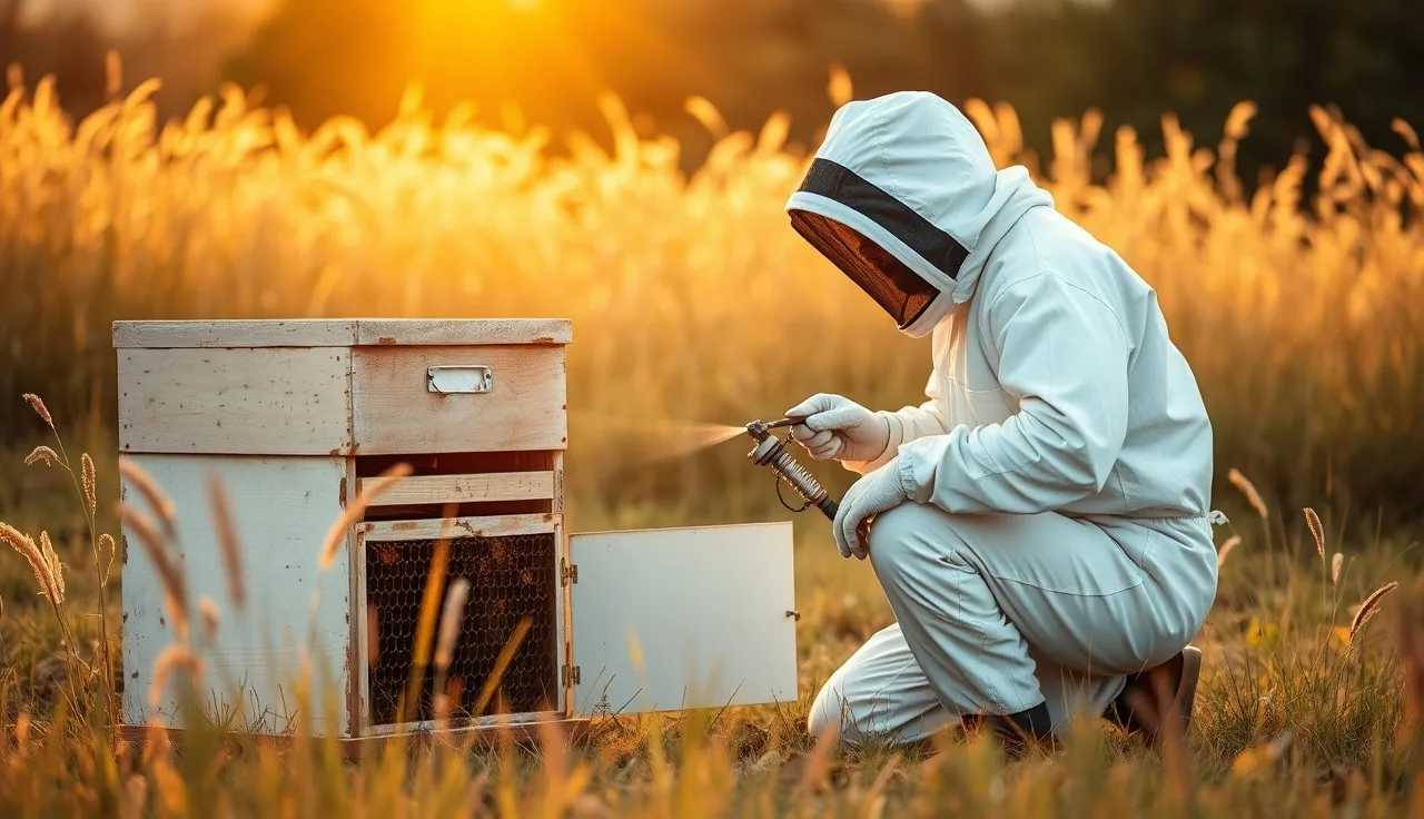 Beekeeper using an oxalic acid vaporizer on a hive during summer heat