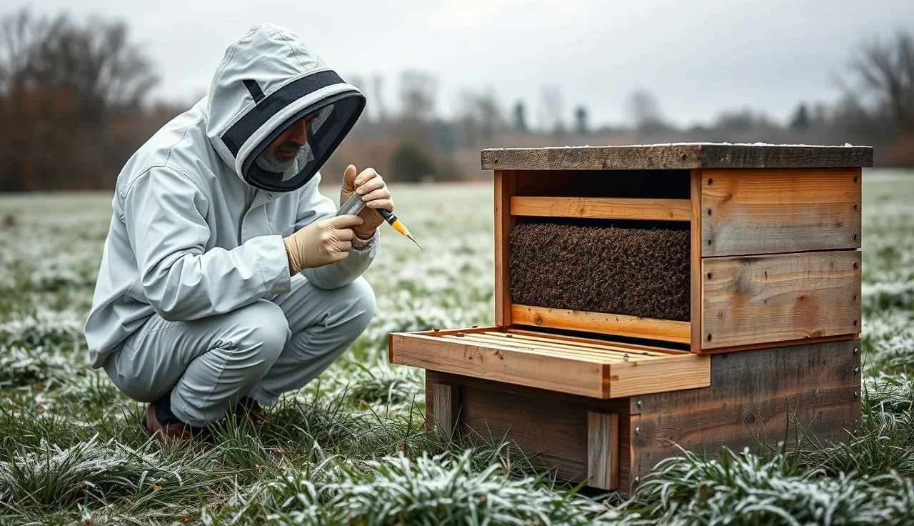Beekeeper applying oxalic acid dribble treatment to frames inside an open hive