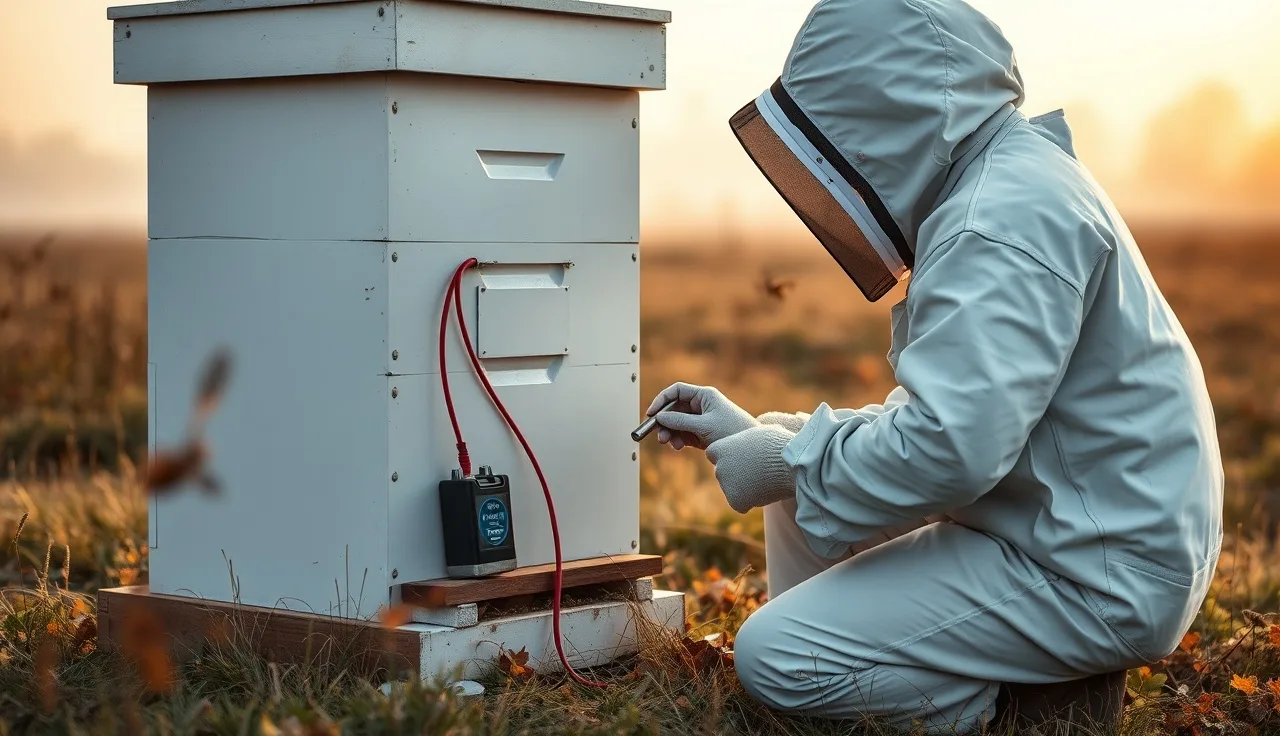 Beekeeper connecting 12V battery cables to an oxalic acid vaporizer at a hive entrance