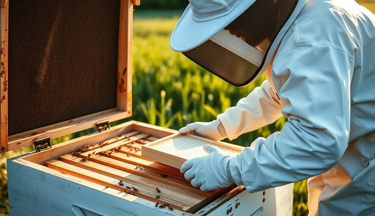 Beekeeper placing an Apiguard thymol gel tray on Langstroth hive frames